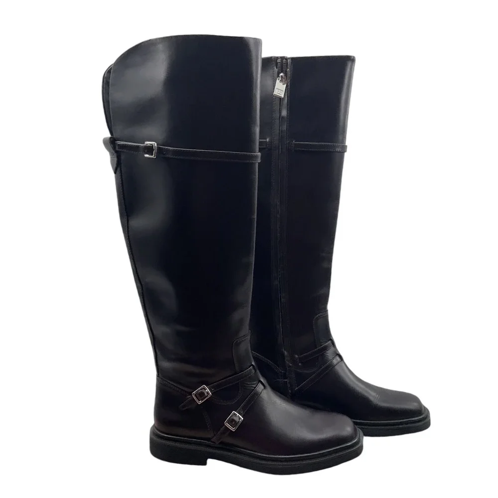 Sarto Womens Black Leather Over The Knee Square Toe Moto Buckle Boots 6M